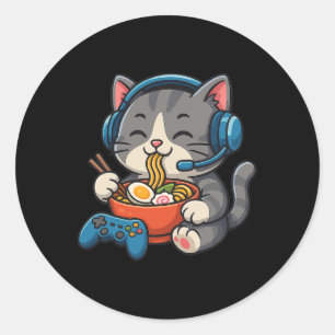 Pegatina Redonda Gato jugador comiendo Ramen - Amante de juegos de