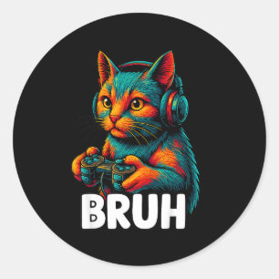 Pegatina Redonda Gato Jugador Divertido Hermano Videojuegos Juegos