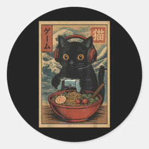 Pegatina Redonda Gato Jugador Kawaii Lindo Fumando Ramen Retro Japo