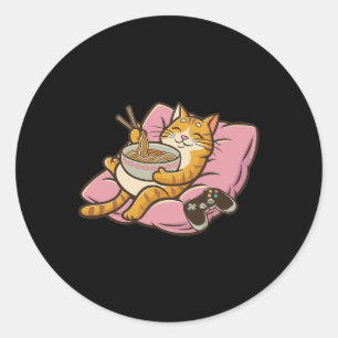 Pegatina Redonda Gato Jugador Ramen Kawaii Juegos Japonés Mujeres C