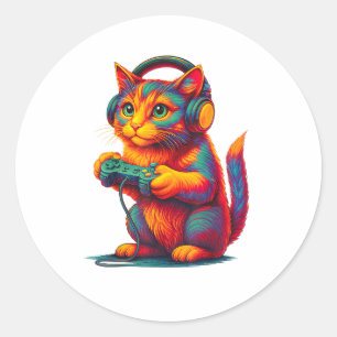 Pegatina Redonda Gato Jugador Videojuegos Chicos Adolescentes Hombr