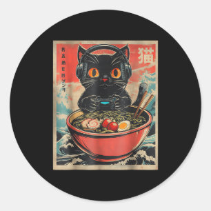 Pegatina Redonda Gato Jugador Vintage Divertido Ramen Retro Gato Ja