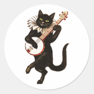 Pegatina Redonda Gato jugando el banjo