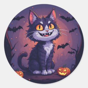 Pegatina Redonda Gato juguetón de Halloween con calabazas y murciél