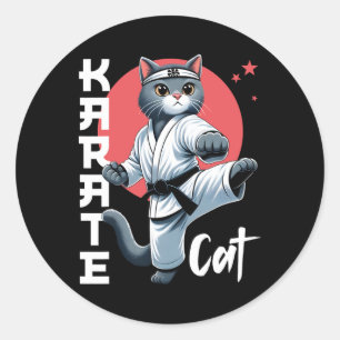 Pegatina Redonda Gato Karate Gi Black Belt Martial Arts Kick Feline