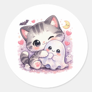 Pegatina Redonda Gato Kawaii Abraza Fantasma