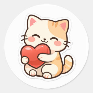 Pegatina Redonda Gato Kawaii Adorable Sosteniendo Corazón – Amor Ad