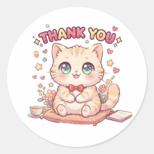 Pegatina Redonda Gato Kawaii Anime Chibi Gracias