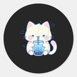 Pegatina Redonda Gato Kawaii Boba Japonés Chica Anime Monada Estéti