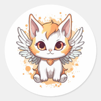 Pegatina Redonda Gato kawaii calico con alas