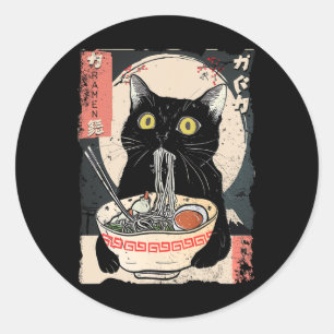 Pegatina Redonda Gato Kawaii comiendo fideos de Ramen Divertido reg