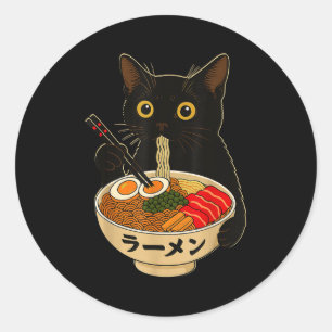 Pegatina Redonda Gato Kawaii Comiendo Fideos Ramen Divertido Regalo
