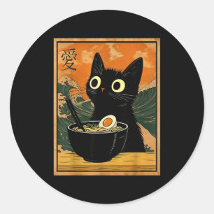 Pegatina Redonda Gato Kawaii Comiendo Fideos Ramen Regalo Divertido
