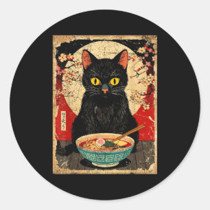 Pegatina Redonda Gato Kawaii Comiendo Fideos Ramen Regalo Divertido