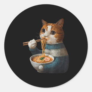 Pegatina Redonda Gato Kawaii Comiendo Fideos Ramen Regalo Divertido