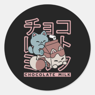 Pegatina Redonda Gato Kawaii con Leche de Chocolate – Arte Pop Japo