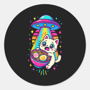Pegatina Redonda Gato Kawaii Divertido Ramen Ovni Anime Japonés Muj