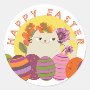 Pegatina Redonda Gato Kawaii Felicidades de Pascua