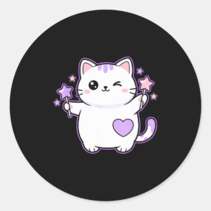 Pegatina Redonda Gato Kawaii Gato Guiñando Varita Mágica de Estrell