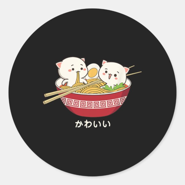 Pegatina Redonda Gato Kawaii Japonés Tokyo Anime Cat Ramen T Shirt (Anverso)