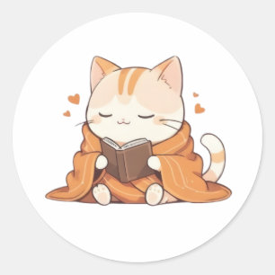 Pegatina Redonda Gato Kawaii Leyendo Diseño de Gatito Gusano de Lib