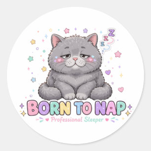 Pegatina Redonda Gato Kawaii Nacido para Dormir