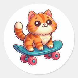 Pegatina Redonda Gato Kawaii Naranja en Patineta Sticker ✨🐾🛹