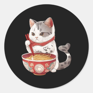 Pegatina Redonda Gato Kawaii NeKo comiendo fideos de Ramen comida j