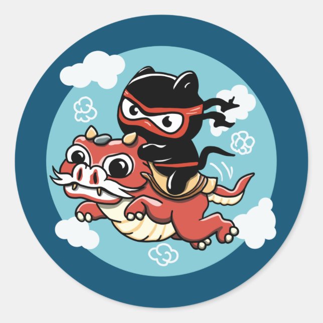 Pegatina Redonda Gato Kawaii Ninja montando un dragón rojo (Anverso)