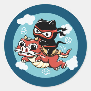 Pegatina Redonda Gato Kawaii Ninja montando un dragón rojo