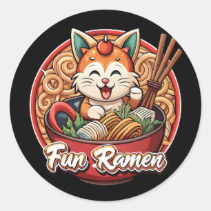 Pegatina Redonda Gato Kawaii Ramen Arte Retro Fideos Japoneses T-