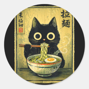 Pegatina Redonda Gato kawaii ramen vintage japonés divertido retro
