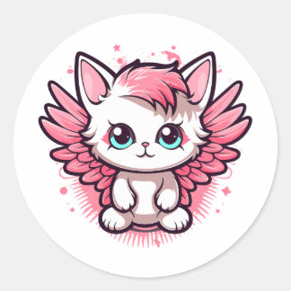 Pegatina Redonda Gato kawaii rosado con alas