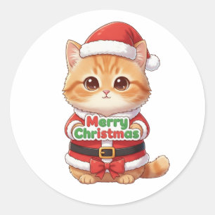 Pegatina Redonda Gato Kawaii Santa Feliz Navidad