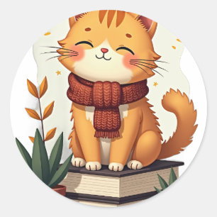 Pegatina Redonda Gato Kawaii Suculenta Seto de Libro de Planta Par