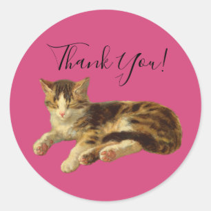 Pegatina Redonda Gato Kitty Adorable Cuidadoso Gracias Script Magen