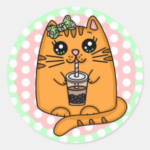 Pegatina Redonda Gato Kitty al estilo Kawaii con té burbujeante