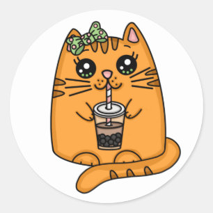 Pegatina Redonda Gato Kitty al estilo Kawaii con té de burbuja