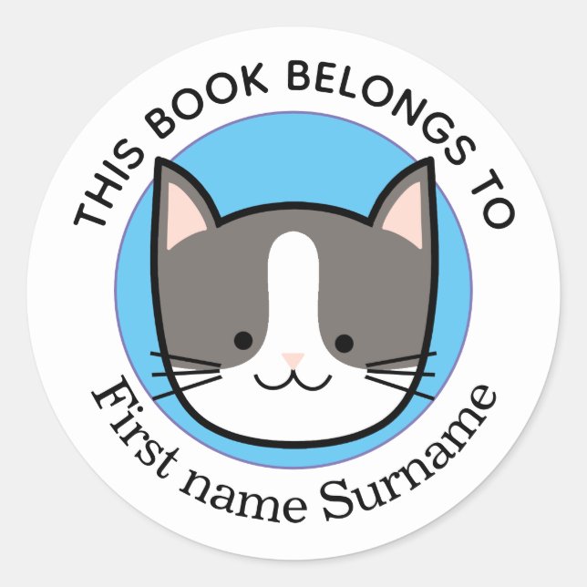 Pegatina Redonda Gato Kitty Este Libro Pertenece a Personalizado (Anverso)