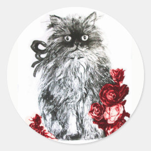 Pegatina Redonda GATO KITTY, KITTEN CON ROSAS ROSAS ROJAS Blanco Ne