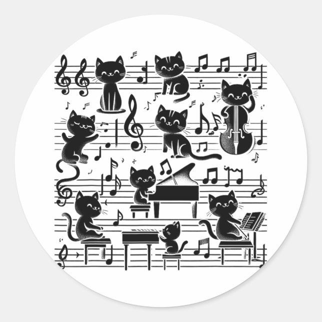 Pegatina Redonda Gato Kitty Tocando Música Nota Clef Músico Arte Ga (Anverso)