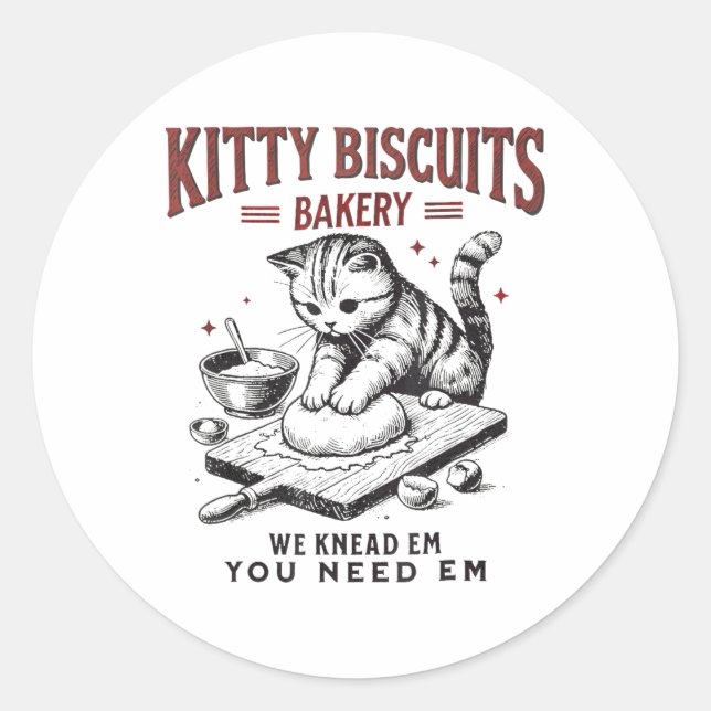 Pegatina Redonda Gato Kneading Kitty Biscuits Bakery, te amamos (Anverso)