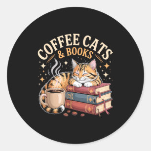 Pegatina Redonda Gato Leyendo Acogedor Arte de Amante de Café y Lib