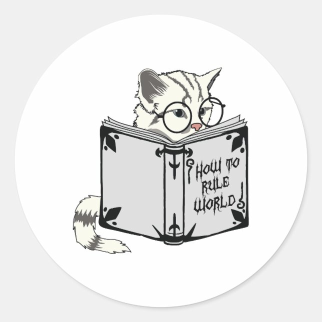 Pegatina Redonda Gato leyendo libro  (Anverso)