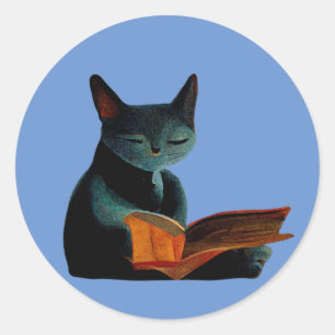 Pegatina Redonda Gato leyendo un libro