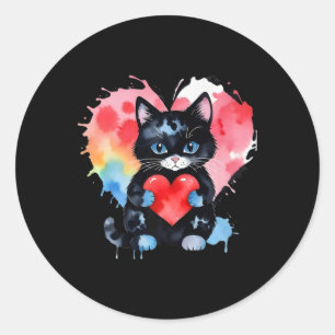Pegatina Redonda Gato lindo arcoiris abrazando a Valentine Heart Ki