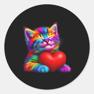 Pegatina Redonda Gato lindo arcoíris abrazando corazón de San Valen