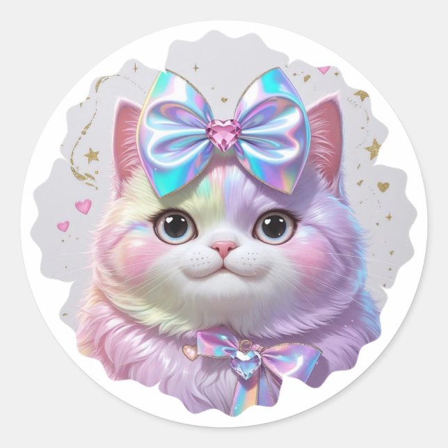 Pegatina Redonda Gato lindo con arco iris (Anverso)