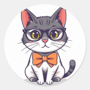 Pegatina Redonda Gato lindo con gafas y Bowtie