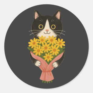 Pegatina Redonda Gato lindo de esmoquin con ramo de girasoles